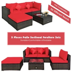Costway 5PCS Patio Rattan Furniture Set Sectional Conversation Set W/Red Cushions -Outdoor Deals Garden Store GUEST 0048a775 e71f 461f 8f6c 790881a4f290