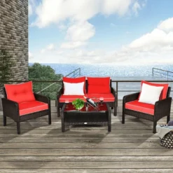 Costway 4PCS Patio Rattan Furniture Set Loveseat Sofa Coffee Table Cushioned Sofa Garden -Outdoor Deals Garden Store GUEST 008bbfe6 9a73 4b4c 8cee 5f2028c8cd91