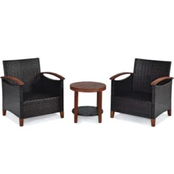 Costway 3PCS Patio Rattan Furniture Set Wooden Frame Cushion Table Shelf RedBeigeBlue -Outdoor Deals Garden Store GUEST 01eed344 0eb1 433d 8cfe 6e0d7321ac78