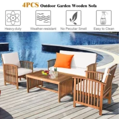 Costway 4PCS Patio Solid Wood Furniture Set Conversation Coffee Table W/White Cushion -Outdoor Deals Garden Store GUEST 02db6b5c 94f2 449e 81d6 2342b21aba9b
