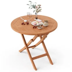 Costway 31.5'' Patio Round Folding Dining Table Solid Teak Wood Natural Outdoor Portable -Outdoor Deals Garden Store GUEST 03d8508d d345 4b5e a620 8400449411c1