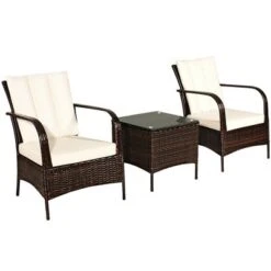 Costway 3 PCS Patio Rattan Furniture Set Coffee Table & 2 Rattan Chair W/White Cushions -Outdoor Deals Garden Store GUEST 0411d462 fd5d 4e47 9e0c 92a76d1f3d4b