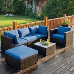 Costway 6PCS Patio Rattan Furniture Set Sectional Cushion Sofa Coffee Table Ottoman Navy -Outdoor Deals Garden Store GUEST 04435663 7073 4848 85cc a769bcebb81e