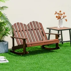 Costway 2 Person Kid Adirondack Rocking Chair Outdoor Backrest Armrest Solid Wood Coffee/White -Outdoor Deals Garden Store GUEST 062782c1 0b6e 42de 9696 312af9d3daa0