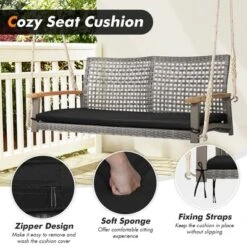 Costway 2-Person Patio Wicker Hanging Swing Chair Loveseat Cushion Porch RedBlack -Outdoor Deals Garden Store GUEST 066b0bb9 8b48 4584 91e4 d55a147c29e6