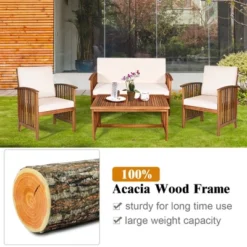 Costway 4PCS Patio Solid Wood Furniture Set Conversation Coffee Table W/White Cushion -Outdoor Deals Garden Store GUEST 085dc63a 9288 4801 9136 ce36a417d78c