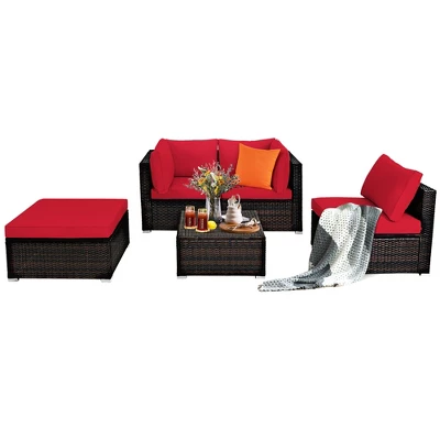 Costway 5PCS Patio Rattan Furniture Set Sectional Conversation Set Ottoman Table Red 8 Costway 5PCS Patio Rattan Furniture Set Sectional Conversation Set Ottoman Table Red - Image 8