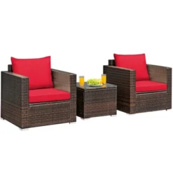 Costway 3PCS Patio Rattan Furniture Set Conversation Sofa Cushioned TurquoiseRed -Outdoor Deals Garden Store GUEST 0ba0966b 7fcb 4eff 97ac a913c33360ed