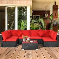 Costway 7PCS Rattan Patio Conversation Set Sectional Furniture Set W/ Red Cushion -Outdoor Deals Garden Store GUEST 0c0657d3 ee21 4c95 b22e 354a77d0f100