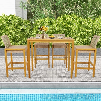 Costway Set Of 4 Patio Wood Barstools Rattan Bar Height Chairs With Backrest Porch Balcony 1 Costway Set Of 4 Patio Wood Barstools Rattan Bar Height Chairs With Backrest Porch Balcony