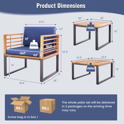 Costway 5pcs Patio Acacia Wood Cushioned Chair Ottoman Table Furniture Set Outdoor Navy 2 Costway 5pcs Patio Acacia Wood Cushioned Chair Ottoman Table Furniture Set Outdoor Navy - Image 2