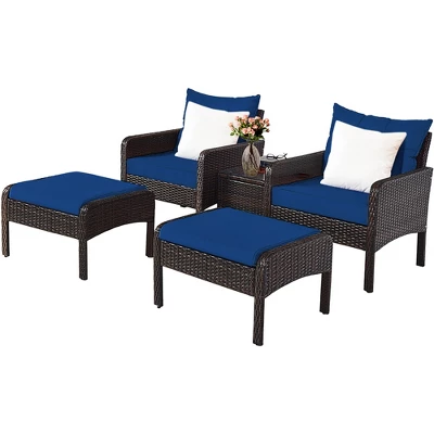 Costway 5 PCS Patio Rattan Wicker Furniture Set Sofa Ottoman Coffee Table Cushioned 2 Costway 5 PCS Patio Rattan Wicker Furniture Set Sofa Ottoman Coffee Table Cushioned - Image 2