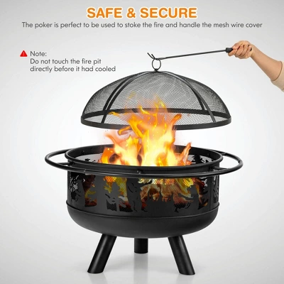 Costway 30'' Patio Round Fire Pit W/ Fire Poker Cooking Grill For Camping BBQ 7 Costway 30'' Patio Round Fire Pit W/ Fire Poker Cooking Grill For Camping BBQ - Image 7