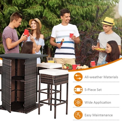 Costway Patio 5PCS Rattan Bar Table Stool Set Hidden Storage Shelf Cushioned 4 Costway Patio 5PCS Rattan Bar Table Stool Set Hidden Storage Shelf Cushioned - Image 4