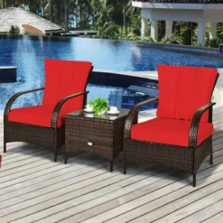Costway 3 PCS Patio Rattan Furniture Set Coffee Table & 2 Rattan Chair W/Red Cushions -Outdoor Deals Garden Store GUEST 0f36653a 89a7 42fd b769 abc2f71e69fc