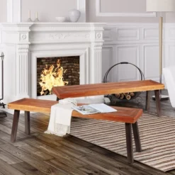 Costway Set Of 2 Patio Acacia Wood Dining Bench With Rustic Steel Legs Outdoor Indoor -Outdoor Deals Garden Store GUEST 0f9053e4 a831 4bfc 9155 694f393ac4d4