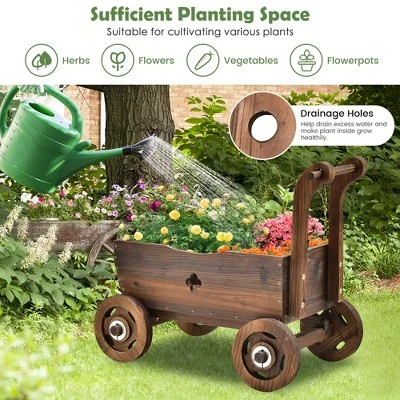 Decorative Wagon Cart Plant Flower Pot Stand Wooden Raised Garden Planter Box 4 Decorative Wagon Cart Plant Flower Pot Stand Wooden Raised Garden Planter Box - Image 4
