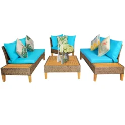 Costway 8PCS Patio Rattan Furniture Set Loveseat W/Wooden Side Table Cushioned Turquoise -Outdoor Deals Garden Store GUEST 0fdd7cc4 e5ee 4c9d 8707 a2f45fd02769