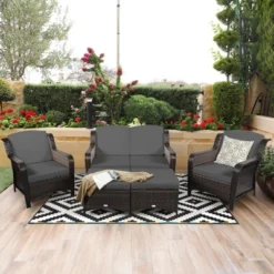 Costway 5PCS Patio Rattan Furniture Set Loveseat Sofa Ottoman W/RedWhite Cushion -Outdoor Deals Garden Store GUEST 1017fb0f a287 481f a0e6 cd00fee6a02f