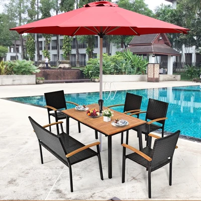 Costway 55'' Patio Rattan Dining Table Acacia Wood Table Top Umbrella Hole 2 Costway 55'' Patio Rattan Dining Table Acacia Wood Table Top Umbrella Hole - Image 2