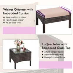 Costway 5 PCS Rattan Wicker Furniture Set Sofa Ottoman W/Brown Cushion Patio Garden Yard -Outdoor Deals Garden Store GUEST 11a7f3a2 5d2a 41a6 a14f be10fdff4503 1