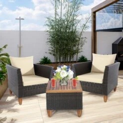 Costway 3PCS Patio Wicker Rattan Sofa Set Furniture Outdoor Acacia Wood Conversation -Outdoor Deals Garden Store GUEST 11de5c29 cd15 4430 beb0 e0f58b7eb1b7