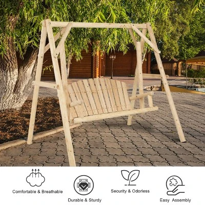 Costway A-Frame Wooden Porch Swing Outdoor Garden Rural Torched Log Curved Back Bench 3 Costway A-Frame Wooden Porch Swing Outdoor Garden Rural Torched Log Curved Back Bench - Image 3
