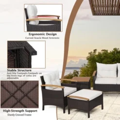 Costway 5PCS Patio Rattan Furniture Set Sofa Ottoman Cushioned Table W/Wood Top -Outdoor Deals Garden Store GUEST 158534c8 b29a 4c67 a4da 7012cdee2725