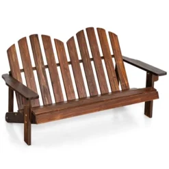 Costway 2 Person Adirondack Chair Kid Solid Wood Loveseat Backrest Arm Rest Patio Coffee/White -Outdoor Deals Garden Store GUEST 160369b3 eb06 42ab 9d3e 64d35c1c1796