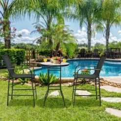 Costway 3 PCS Outdoor Patio Bar Table Stool Set Height Tempered Glass Top -Outdoor Deals Garden Store GUEST 1637c099 6788 4ce3 8a07 fc5069adf498