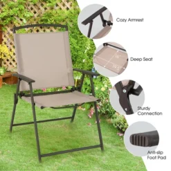 Costway 4 Pcs Patio Folding Sling Dining Chairs Armrests Steel Frame Outdoor Beige/Grey -Outdoor Deals Garden Store GUEST 1654cb91 d6f8 4c23 b618 fb1a861663a2
