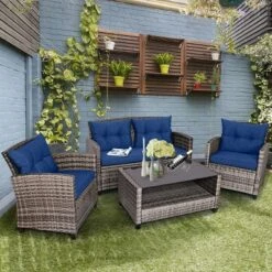 Costway 4 PCS/8PCS Patio Rattan Furniture Set Coffee Table Cushioned Sofa Garden Lawn Navy -Outdoor Deals Garden Store GUEST 178226d0 1783 4e0e bf0f 36c79c408342