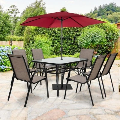 Costway 7PCS Patio Dining Set 6 Stackable Chairs Glass Table Umbrella Hole Yard 1 Costway 7PCS Patio Dining Set 6 Stackable Chairs Glass Table Umbrella Hole Yard