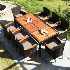 Costway 9PCS Patio Rattan Dining Set 8 Chairs Cushioned Acacia Table Top -Outdoor Deals Garden Store GUEST 1879d11b efa3 4fa2 86a9 9f005b35a63f
