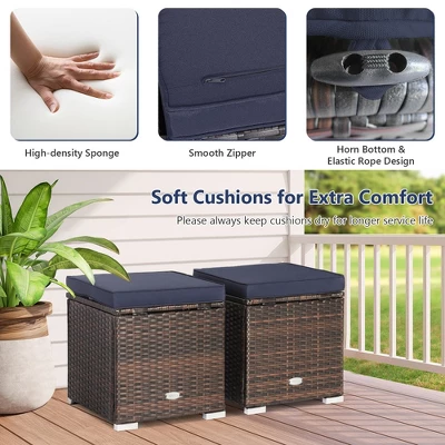 Costway 2PCS Patio Rattan Ottomans Seat Side Table Storage Box Footstool W/Cushions Navy 5 Costway 2PCS Patio Rattan Ottomans Seat Side Table Storage Box Footstool W/Cushions Navy - Image 5
