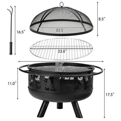 Costway 30'' Patio Round Fire Pit W/ Fire Poker Cooking Grill For Camping BBQ 3 Costway 30'' Patio Round Fire Pit W/ Fire Poker Cooking Grill For Camping BBQ - Image 3