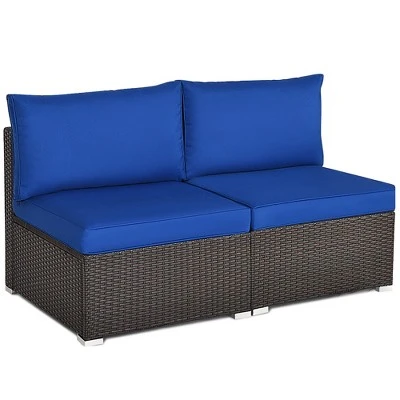 Costway 2PCS Patio Rattan Armless Sofa Sectional Furniture W/Navy Cushion 2 Costway 2PCS Patio Rattan Armless Sofa Sectional Furniture W/Navy Cushion - Image 2