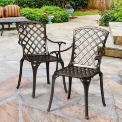 Costway Outdoor Cast Aluminum Arm Dining Chairs Set Of 2 Patio Bistro Chairs, Brown -Outdoor Deals Garden Store GUEST 1bc82fc2 c72b 4a9d 983e f9f0d0e5121a