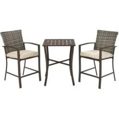 Costway 3PCS Patio Rattan Bar Furniture Set Slat Table 2 Cushioned Stools Poolside Brown -Outdoor Deals Garden Store GUEST 1be27c27 2365 4681 93ab 5ebc72747a32