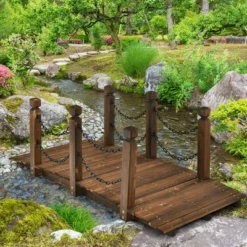 Costway 5 Ft Wooden Garden Bridge Arc Footbridge Stained Finish Walkway W/Rails -Outdoor Deals Garden Store GUEST 1c13fdb1 ad9b 4e7e b1ab ccfd86616146