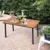Costway 55'' Patio Rattan Dining Table Acacia Wood Table Top Umbrella Hole