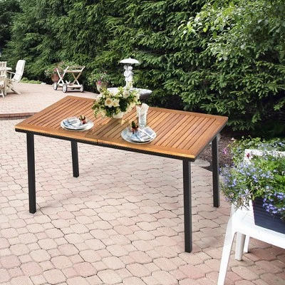 Costway 55'' Patio Rattan Dining Table Acacia Wood Table Top Umbrella Hole 1 Costway 55'' Patio Rattan Dining Table Acacia Wood Table Top Umbrella Hole