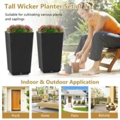 Costway 2PCS Outdoor Wicker Flower Pot 22.5''Tall Planters With Drainage Hole Black/Coffee -Outdoor Deals Garden Store GUEST 1e2478ca b3be 4d28 a931 120b40261456