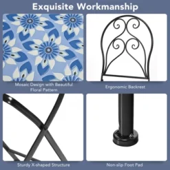 Costway 3PCS Patio Bistro Furniture Set Folding Chair Mosaic Design Garden Blue -Outdoor Deals Garden Store GUEST 1e66d0e7 24e2 409e b2f7 dcbbdf024177