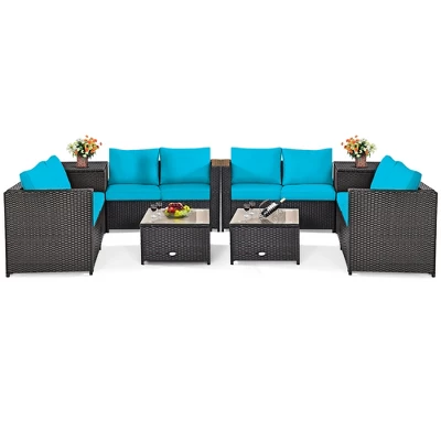 Costway 8PCS Outdoor Patio Rattan Furniture Set Cushioned Loveseat Storage Table RedNavy 11 Costway 8PCS Outdoor Patio Rattan Furniture Set Cushioned Loveseat Storage Table RedNavy - Image 11