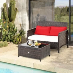 Costway 2PCS Patio Rattan Wicker Love-seat Coffee Table Set Cushioned Bench Garden Deck -Outdoor Deals Garden Store GUEST 20a1518d 91ad 411b 8469 7b4cf7f0ba42