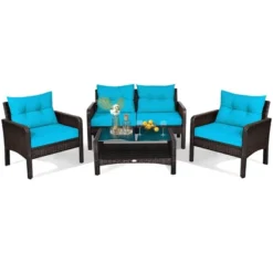 Costway 8PCS Patio Rattan Sectional Furniture Set Loveseat Sofa Coffee Table W/Turquoise Cushion -Outdoor Deals Garden Store GUEST 20d768e8 f8dc 4ce6 a68a 73d8d89abdf7