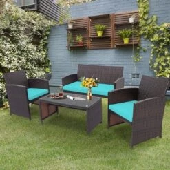 Costway 4PCS Patio Rattan Furniture Set Cushioned Chair Sofa Coffee Table White/Navy/Turquoise/Red -Outdoor Deals Garden Store GUEST 20ee4772 40c0 4ee2 b508 0fc0db6b455d