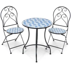 Costway 3PCS Patio Bistro Furniture Set Folding Chair Mosaic Design Garden Blue -Outdoor Deals Garden Store GUEST 217ba068 dcbf 4139 9917 972a54272dc9