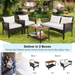 Costway 4PCS Patio Rattan Acacia Wood Furniture Set Cushion Sofa Armrest Deck -Outdoor Deals Garden Store GUEST 22dab0ee e22b 416e b4cf 019f3d5d55df